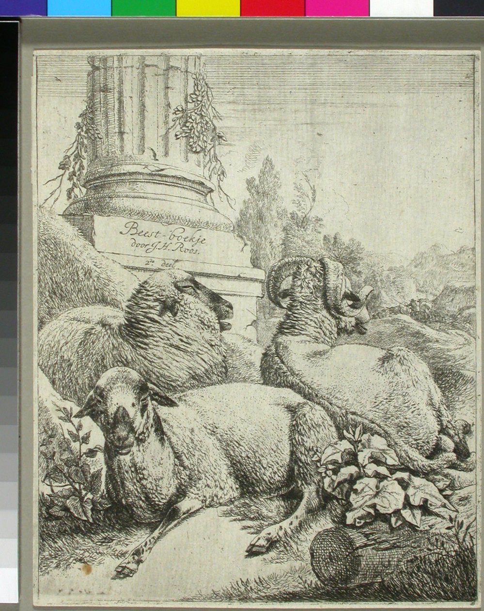 Schapen aan de voet van een zuil door Johann Heinrich Roos