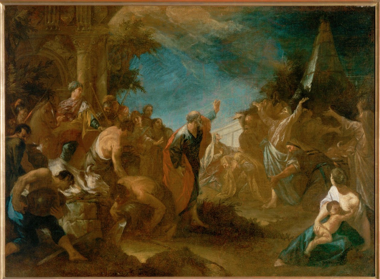 De profeet Elia brengt de priesters van Baäl in verwarring (schilderij op doek) door Johann Heinrich Schonfeldt