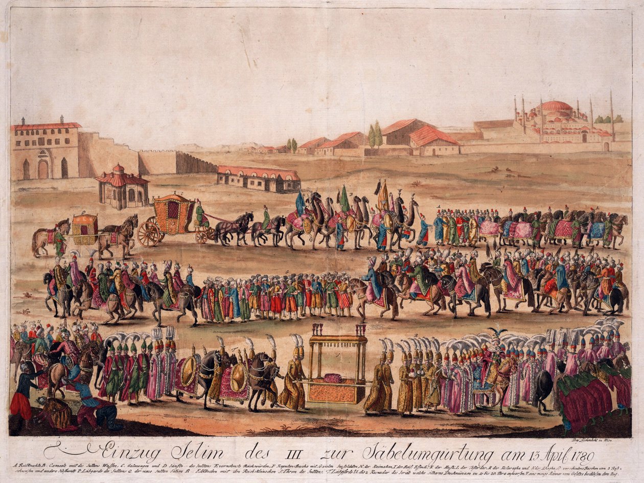 De intocht van Sultan Selim III bij het omgorden van de sabel op 13 april 1789 door Johann Hieronymus Loeschenkohl