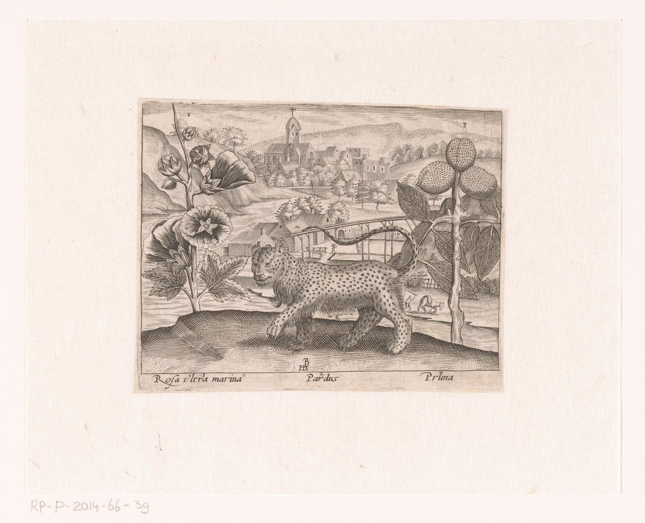 Serie prenten met bloemen en dieren in een landschap (Landschap met stokroos, luipaard en pruimenboom) door Johann Hogenberg