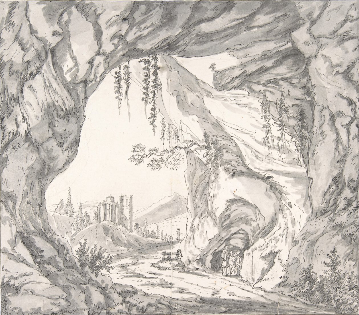 Bergachtig Landschap met Ruïnes van een Kasteel en Drie Mannen in een Grot..., laat 18e-begin 19e eeuw door Johann Huber