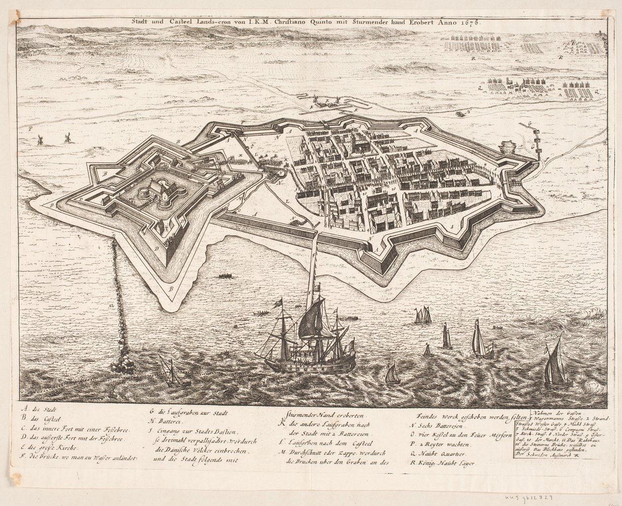 Stad en kasteel Landscron veroverd door I.K.M Christiano Quinto in het jaar 1676 door Johann Husman