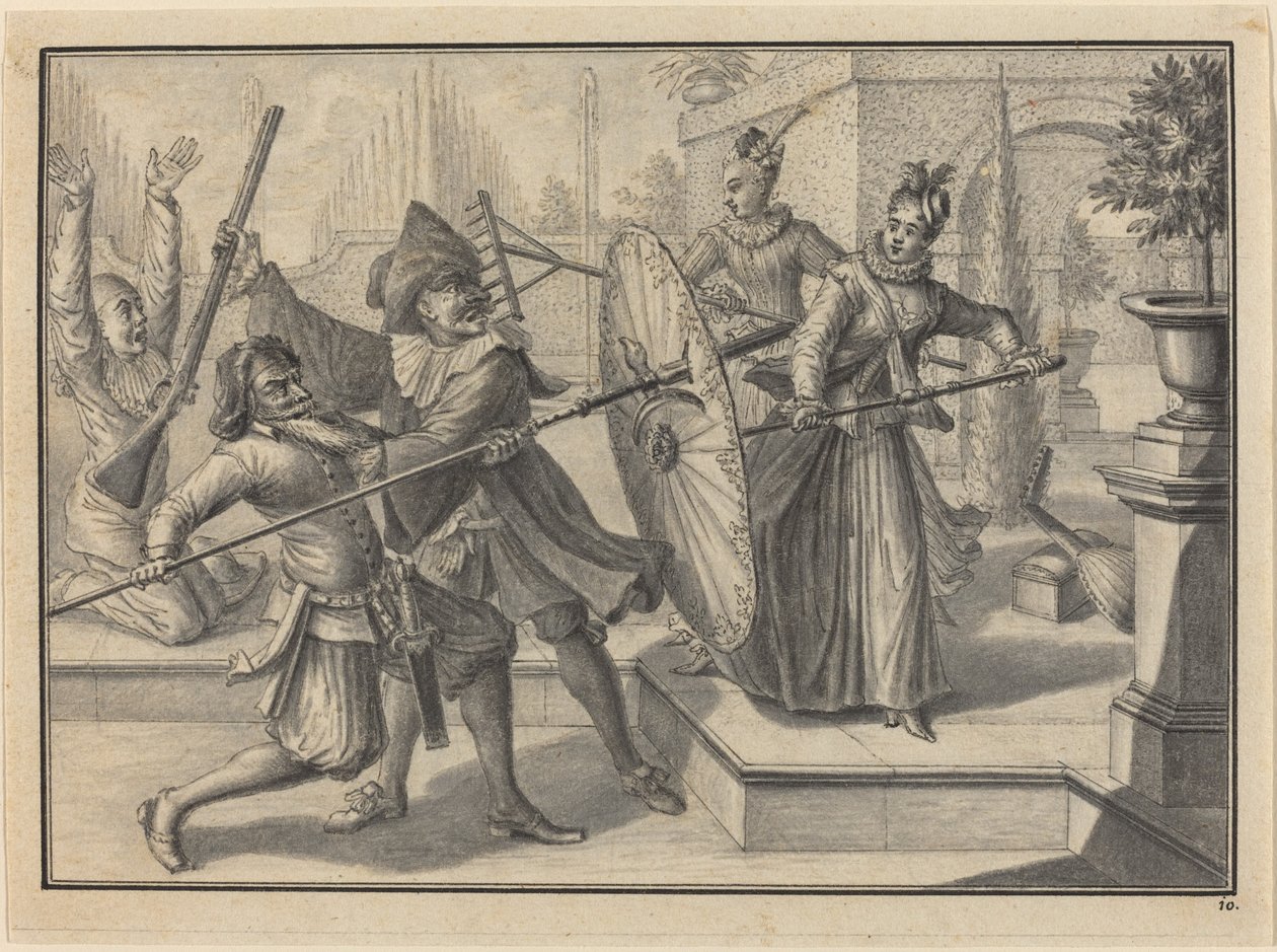 Pantaloon en de Dokter Vechten met Columbine en Brigatella in de Tuin door Johann Jacob Schubler