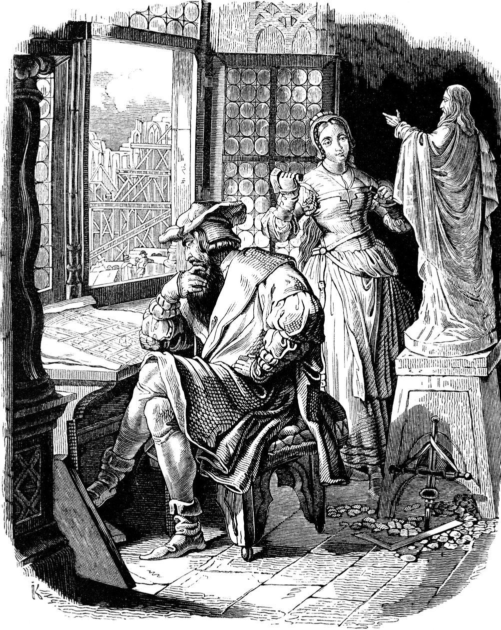 Architect Erwin von Steinbach met zijn dochter Sabina Illustratie uit de Geschichte des deutschen Volkes door E. Duller door Johann Jakob Kirchhoff
