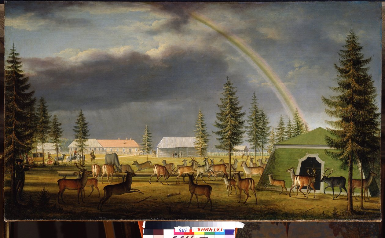 De menagerie in de tuin van het paleis van Gatchina door Johann Jakob Mettenleiter