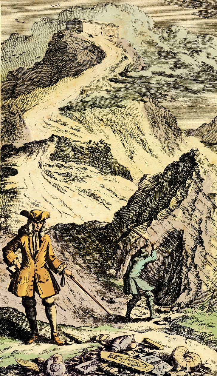 Paleontologie: De Zwitserse natuuronderzoeker Johann Jakob Scheuchzer (1672-1733) ontdekte in de Zwitserse bergen de sporen van de universele zondvloed dankzij fossielen. Gravure uit 