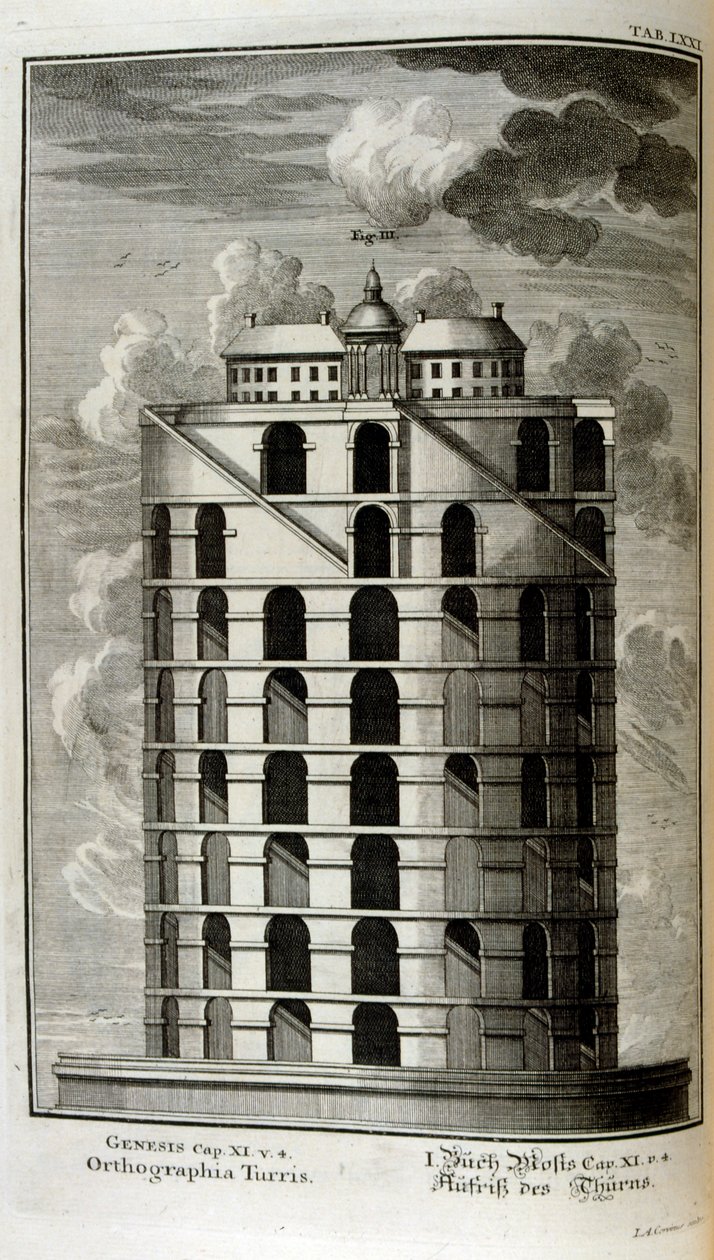Plan van de Toren van Babel gezien vanaf de zijkant door Johann Jakob Scheuchzer