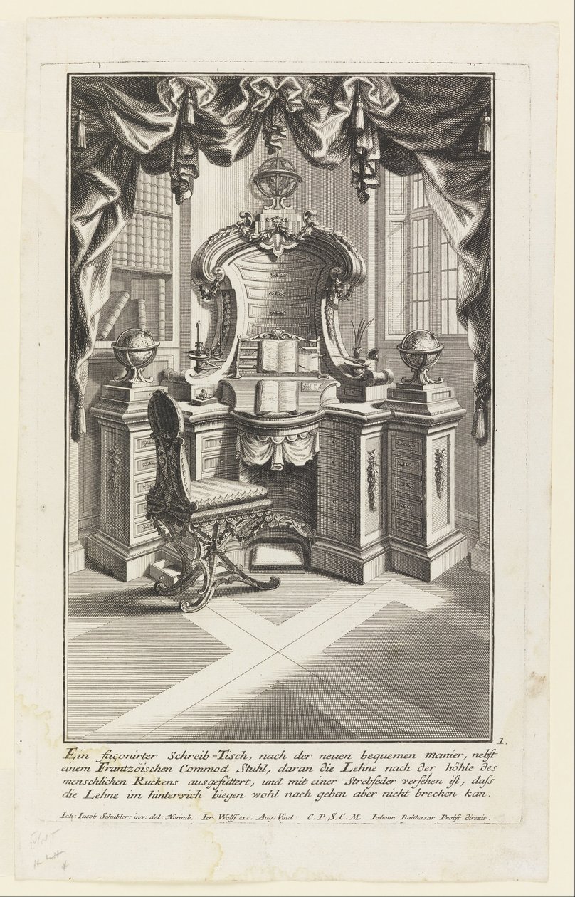 Een gevormde Schrijftafel,... (Schrijftafel en Stoel) door Johann Jakob Schübler