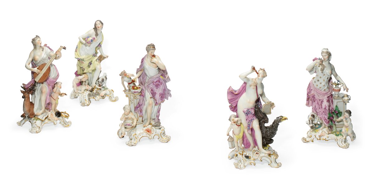 Vijf Meissen figuren symbolisch voor de zintuigen, ca. 1765 door Johann Joachim Kaendler
