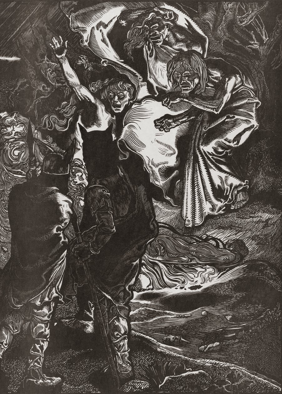Macbeth en Banquo ontmoeten de drie heksen, 20e eeuw door Johann Joseph Aarts