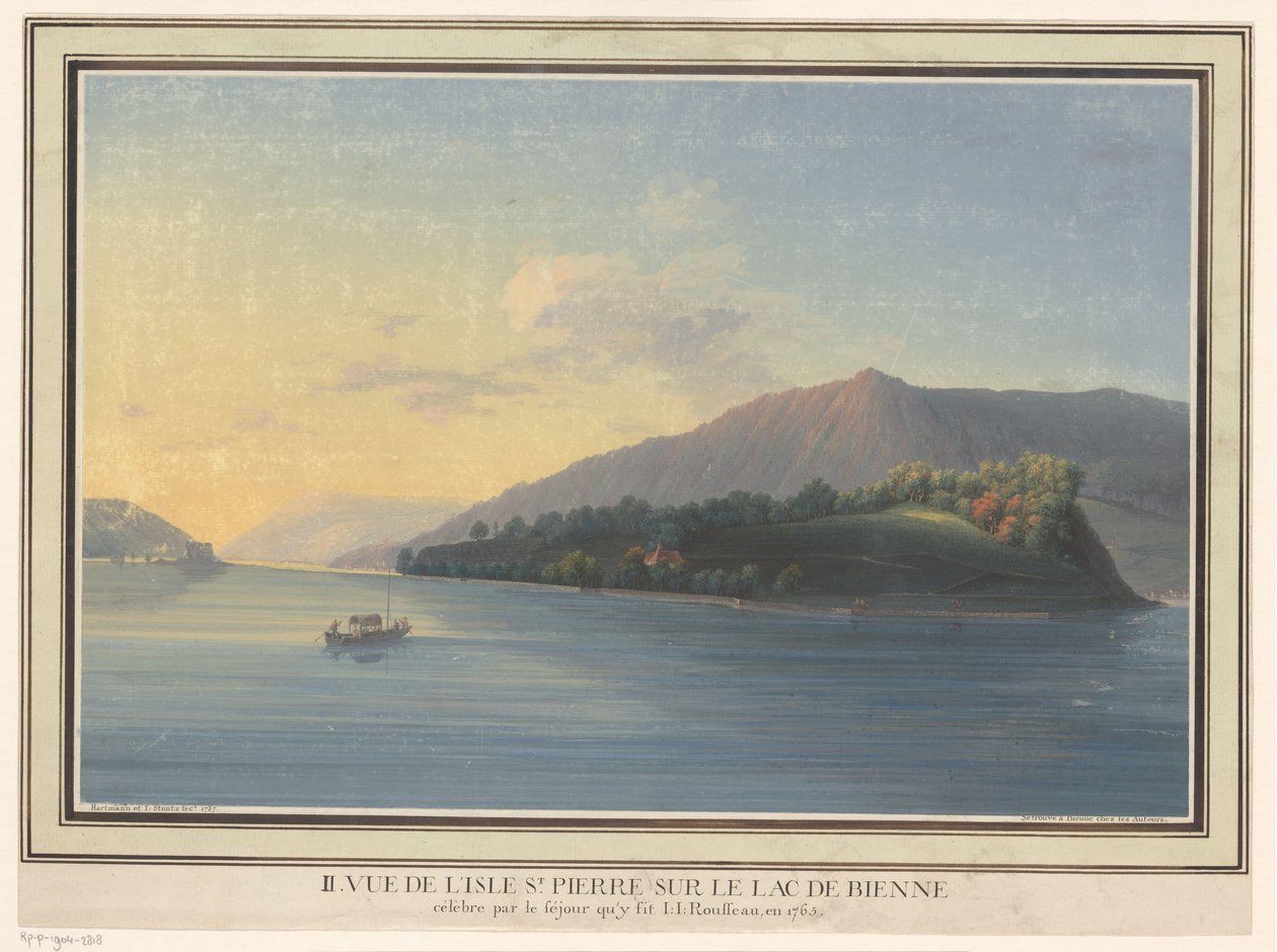 Gezicht op het eiland St. Peter aan het meer van Biel door Johann Joseph Hartmann