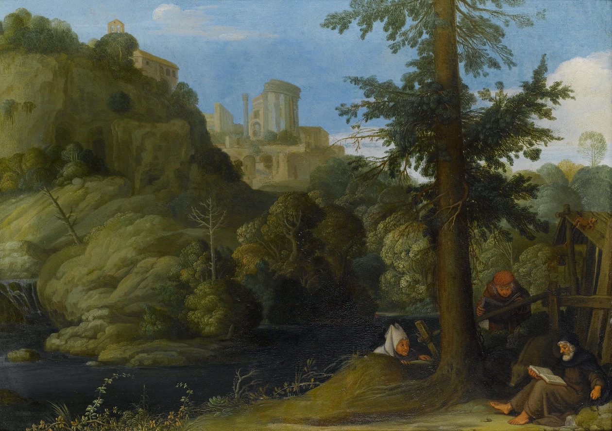 Een kluizenaar met twee reizigers in een bosrijk landschap door Johann König