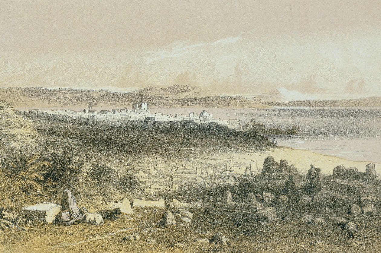 Tiberias in een ets door Schacher - Steinkopk J.F. Editore door Johann Martin Bernatz