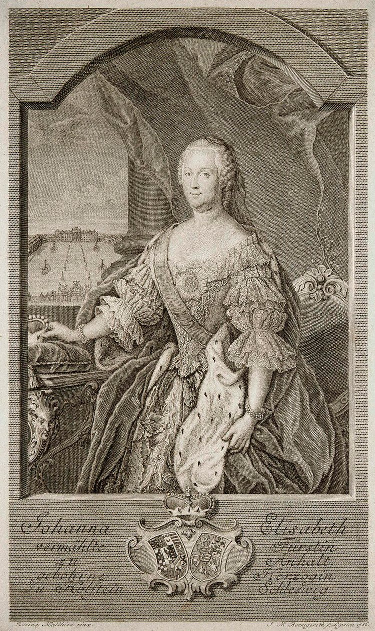 Portret van Johanna-Elizabeth, keurvorstin van Anhalt-Zerbst, moeder van Catharina II, 1756 door Johann Martin Bernigeroth