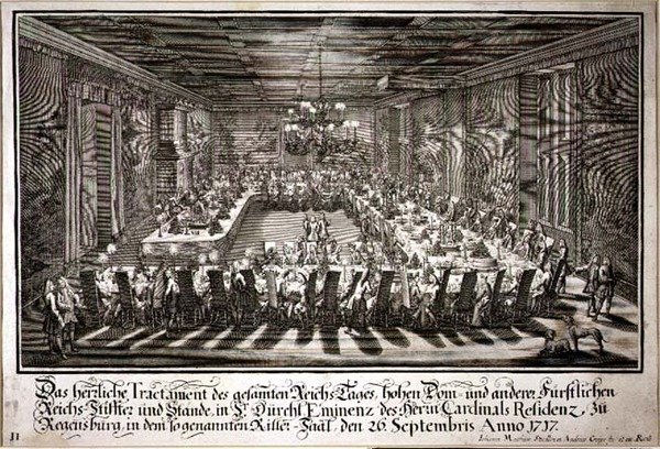 Banket in de Koningshal in het Paleis van de Kardinaal van Regensburg, 26 september 1717 door Johann Matthias and Geyer Andreas Steidlin