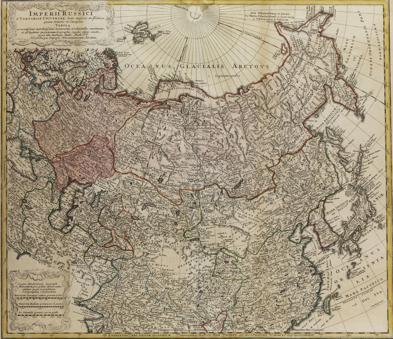 Kaart van Rusland uit: Imperii Russici et Tartariae universae tam majoris et Asiaticae quam minoris et door Johann Matthias Hase