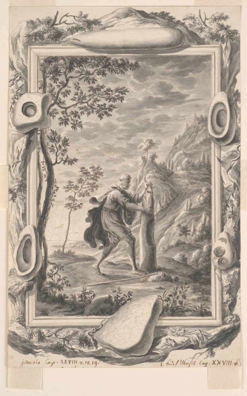 Studie voor Jakob giet olie op de steen in Bethel, Plaat 87, Physica Sacra door Johann Melchior Füssli