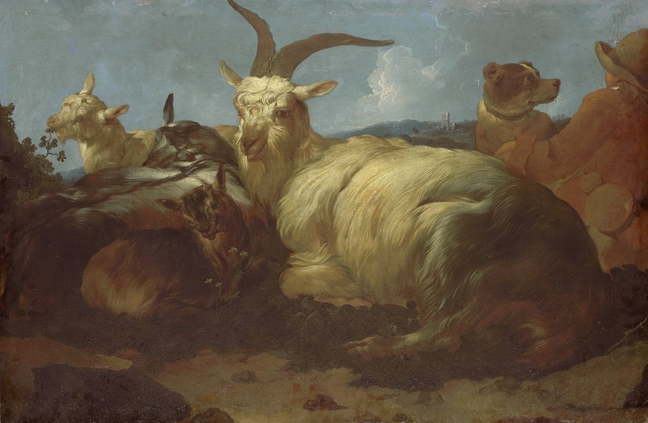 Een geitenhoeder die zijn dieren bewaakt door Johann Melchior Roos