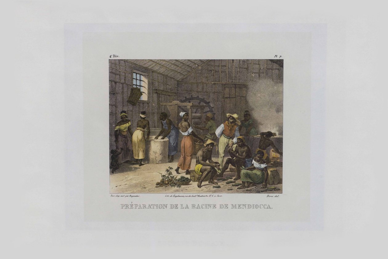 Voorbereiding van mandioca-wortels. Uit Malerische Reise in Brasilien door Johann Moritz Rugendas