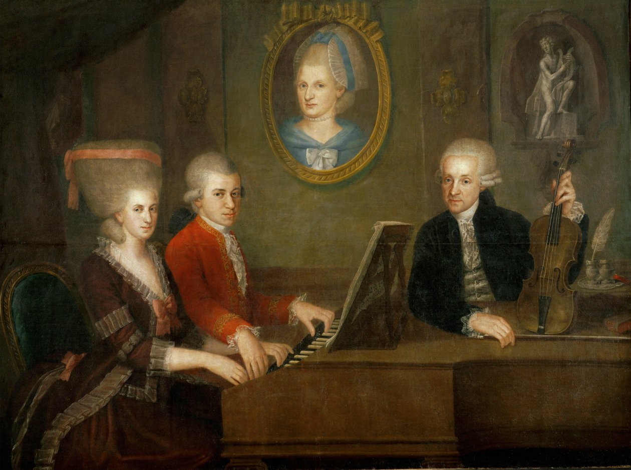 De familie Mozart: aan de piano, Wolfgang en zijn zus Nannerl ;vader Leopold Mozart met viool ... (olieverf op doek) door Johann Nepomuk della Croce