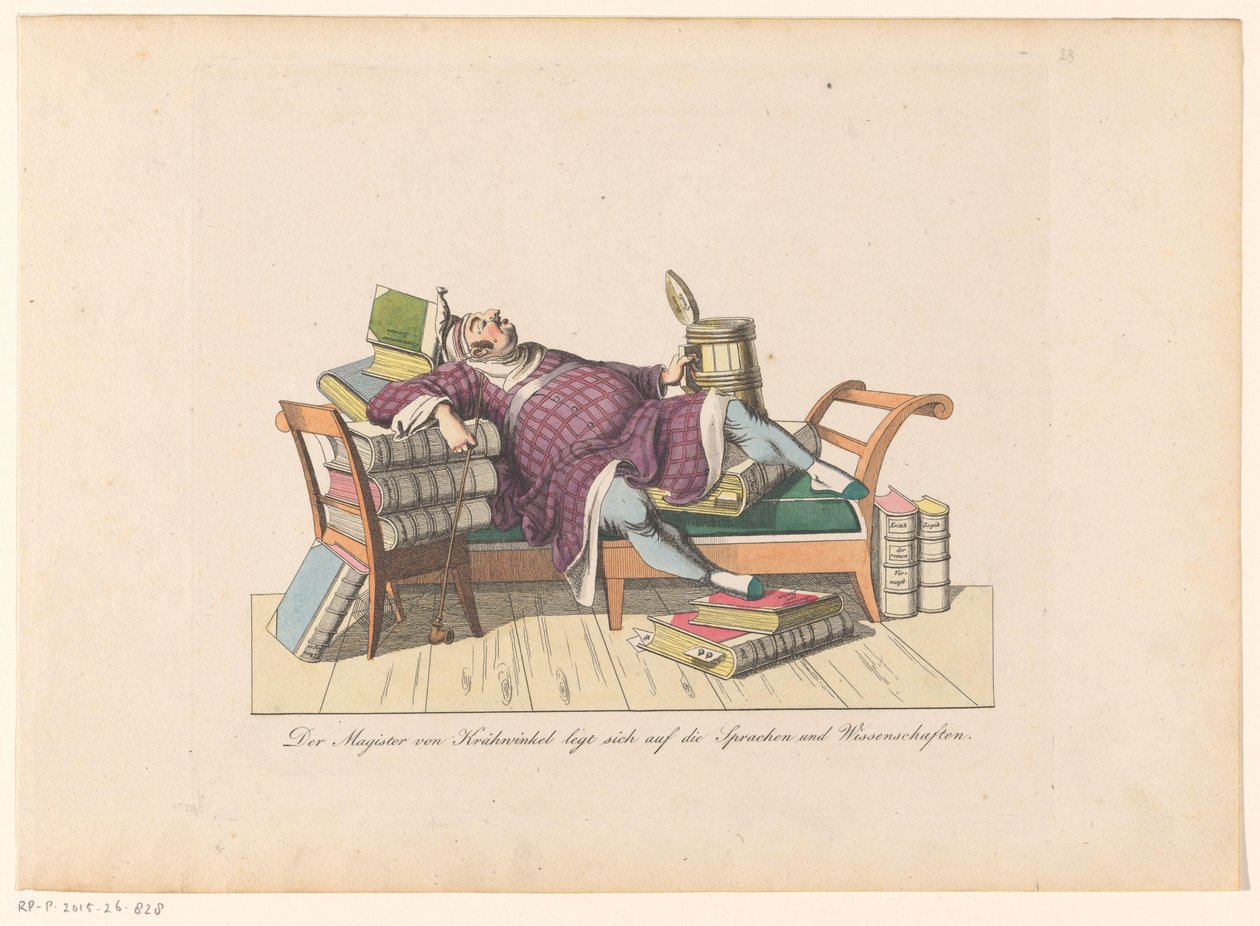 Leraar van Krähwinkel liggend op een sofa met boeken door Johann Nussbiegel (possibly)