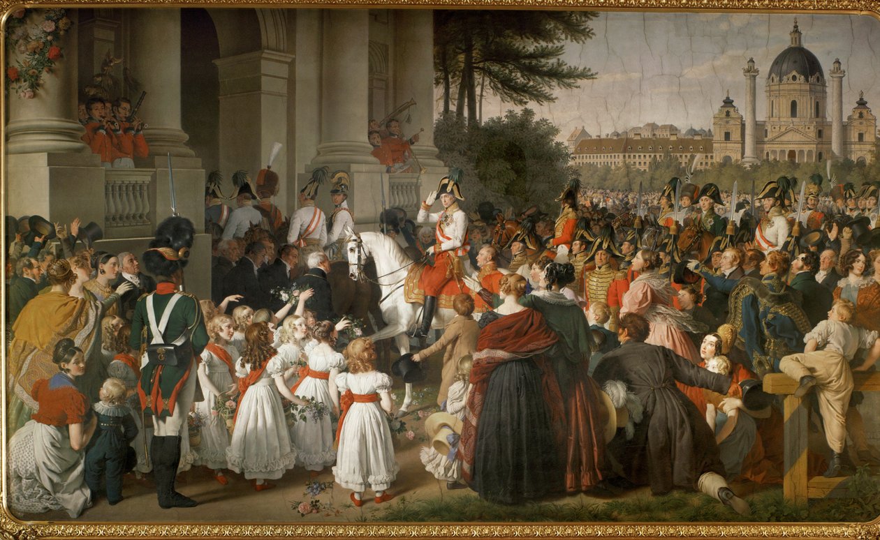 Keizer Frans I keert terug naar Wenen na de slag bij Leipzig ... (muurschildering) door Johann Peter Krafft