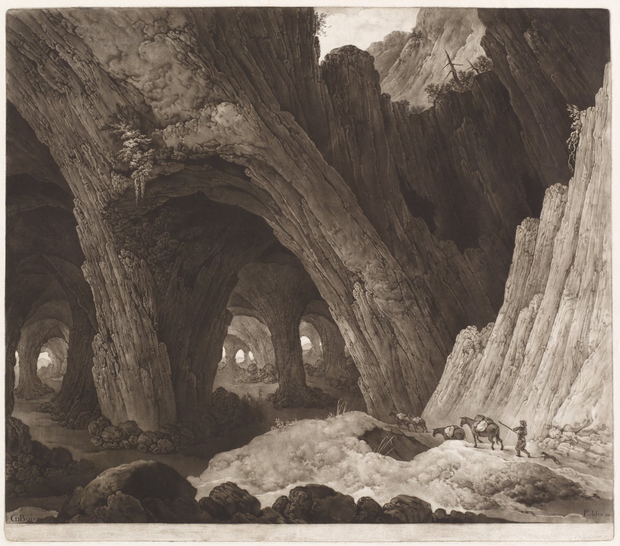 Reizigers Rustend in Gigantische Grotten door Johann Peter Pichler, after Guillam Dubois
