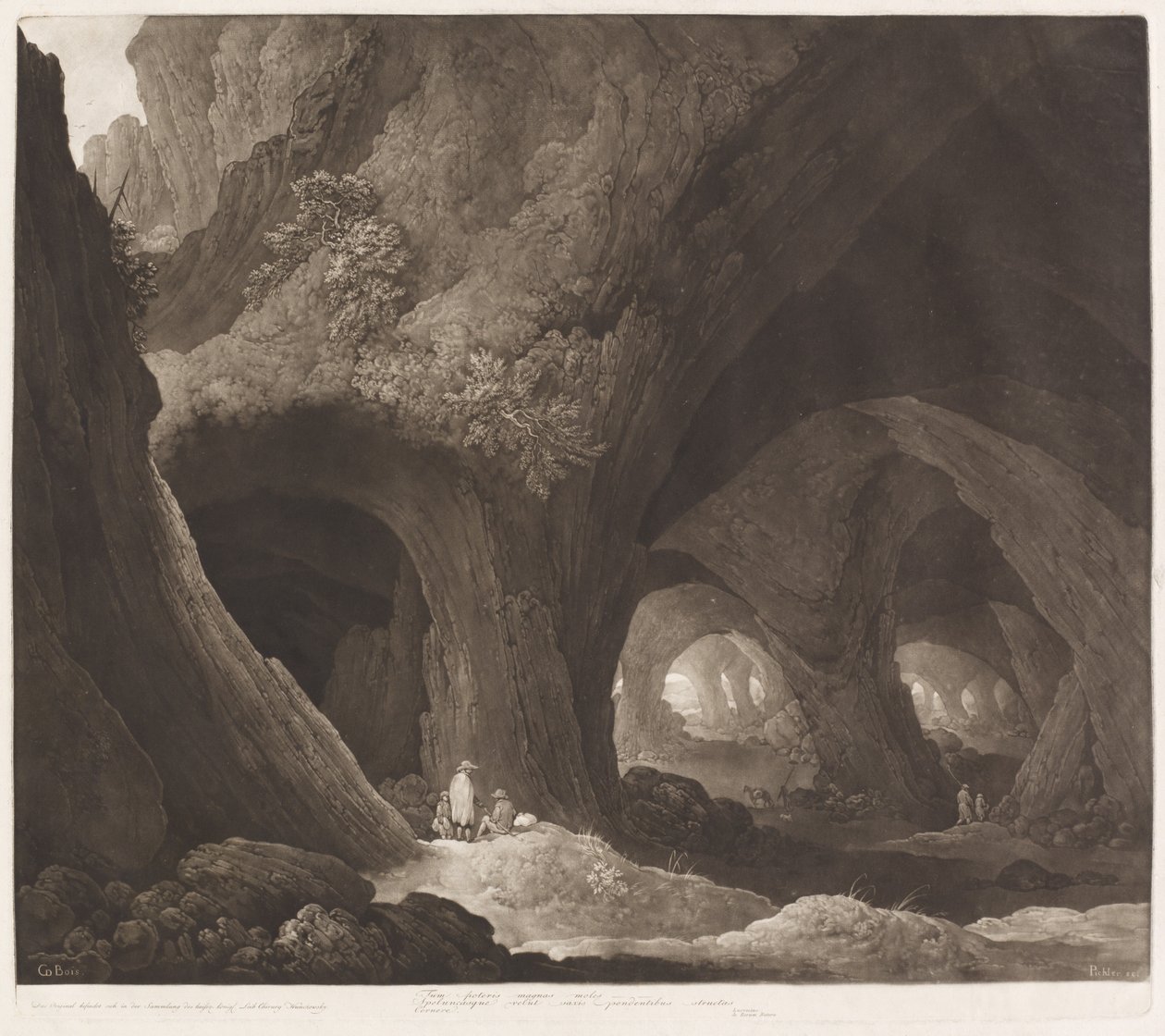Reizigers in gigantische grotten door Johann Peter Pichler, after Guillam Dubois