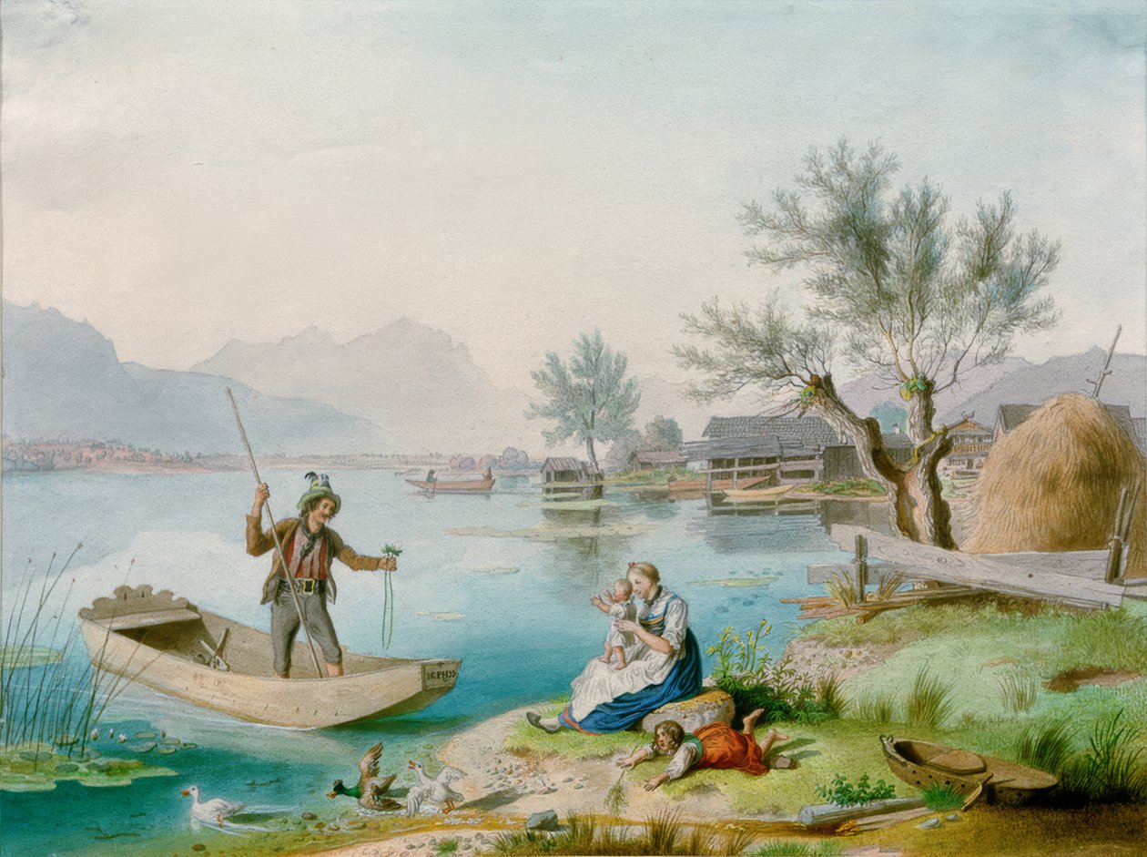 Vissersfamilie aan de Chiemsee door Johann Philipp Heinel