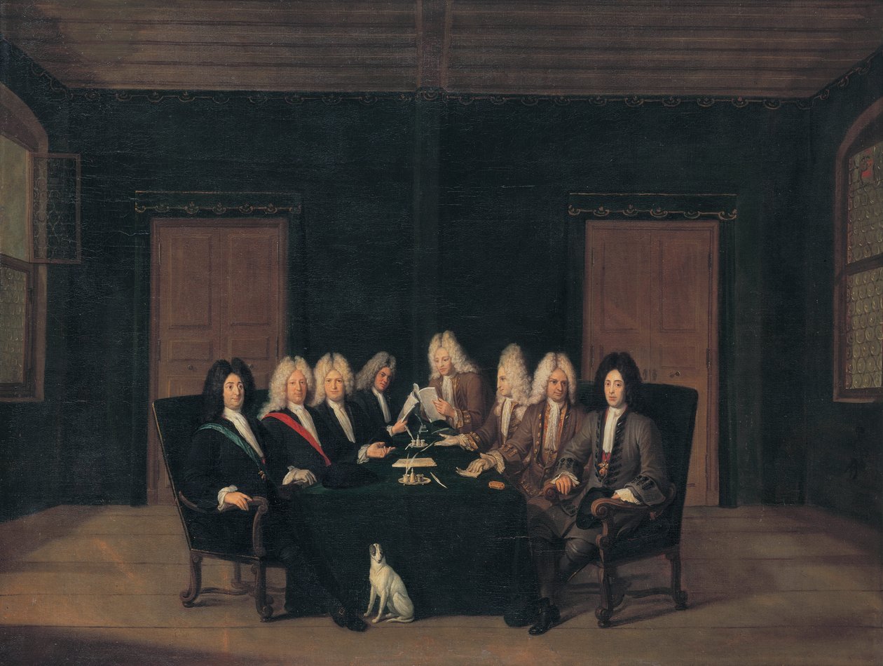Frans:  Les emissaires au traité de Bade en septembre 1714 De afgezanten van het vredescongres van Baden op 7 september 1714 door Johann Rudolf Huber