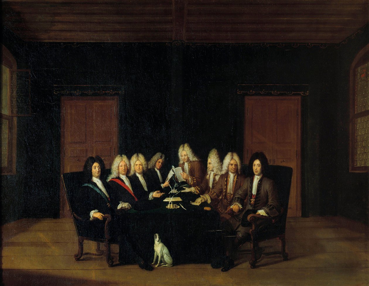 Oorlog van de Spaanse Successie: De Plenipotentiaries verzameld rond de Maarschalk Hertog van Villars en Prins Eugenius van Savoye-Carignan op het Vredescongres in Borden, 7/09/1714 door Johann Rudolph the Elder Huber