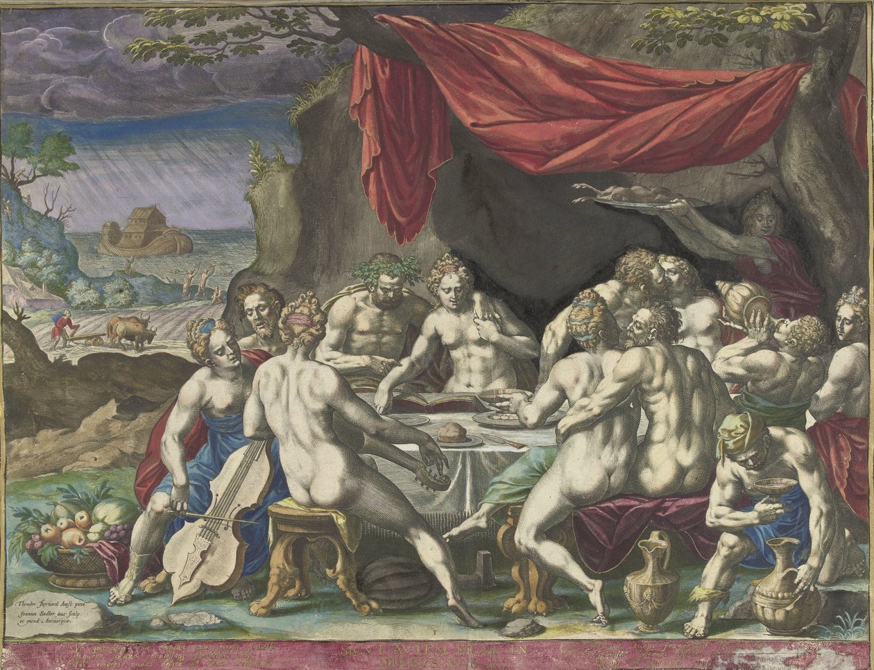 De mensheid voor de zondvloed Sicut autem erat in diebus Noe (titel op object) door Johann Sadeler (I)