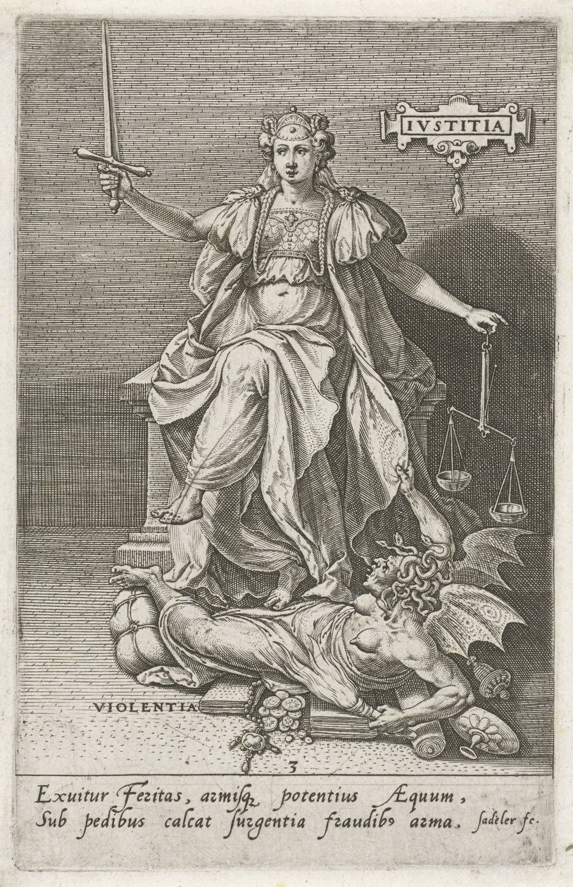 Gerechtigheid (Justitia) overwint Geweld (Violentia) De deugden overwinnen de ondeugden door Johann Sadeler (I)
