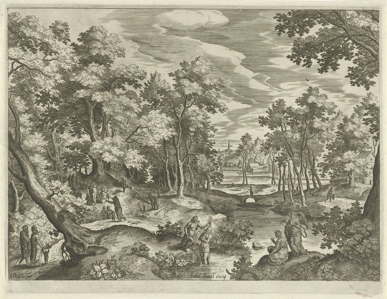 Landschap met de doop van Christus (Landschappen met scènes uit het Oude en Nieuwe Testament) door Johann Sadeler (I)
