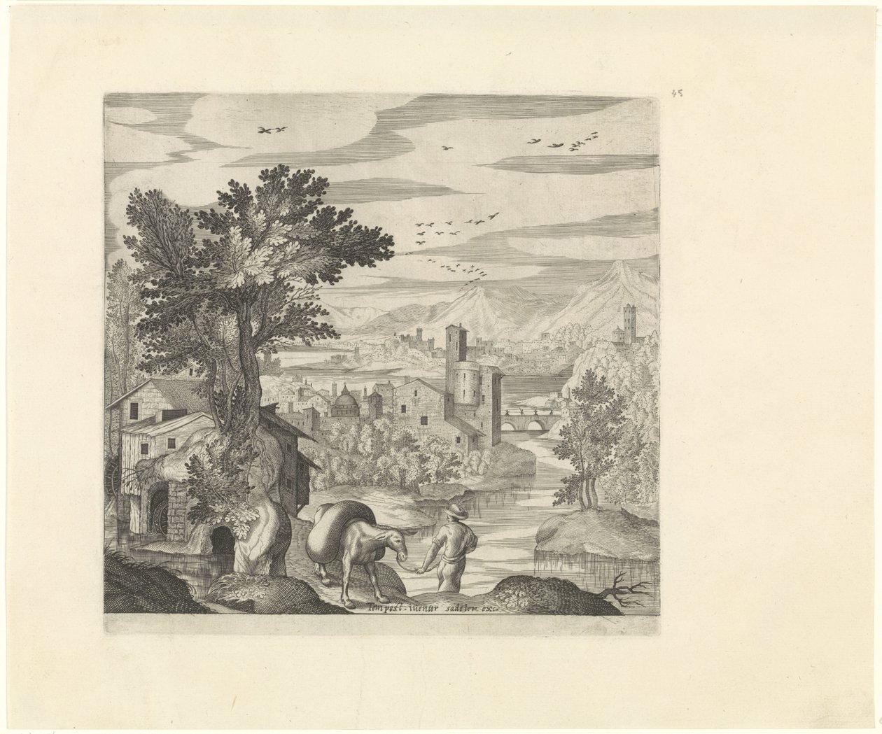 Landschap met een boer en zijn ezel door Johann Sadeler (I)