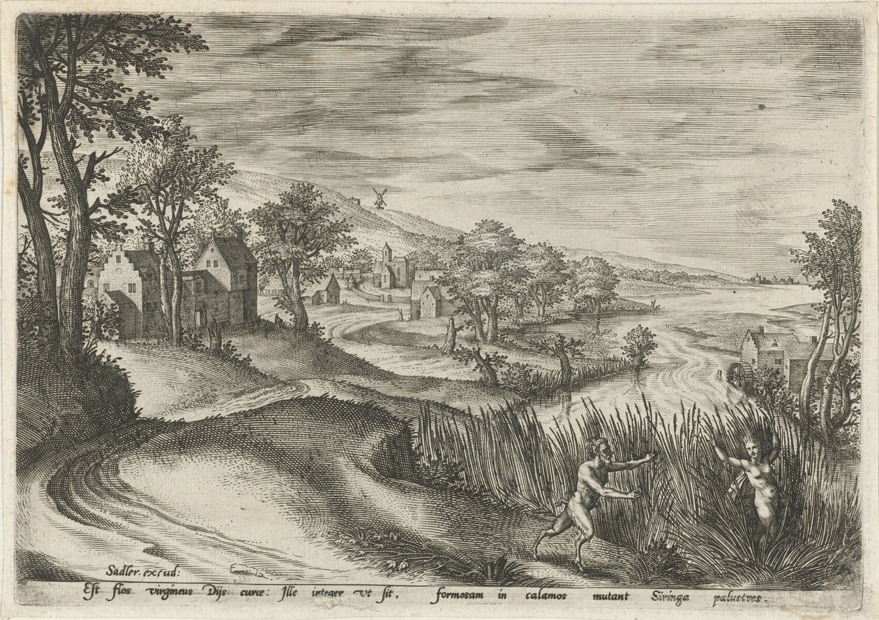 Pan achtervolgt de nimf Syrinx door Johann Sadeler (I)