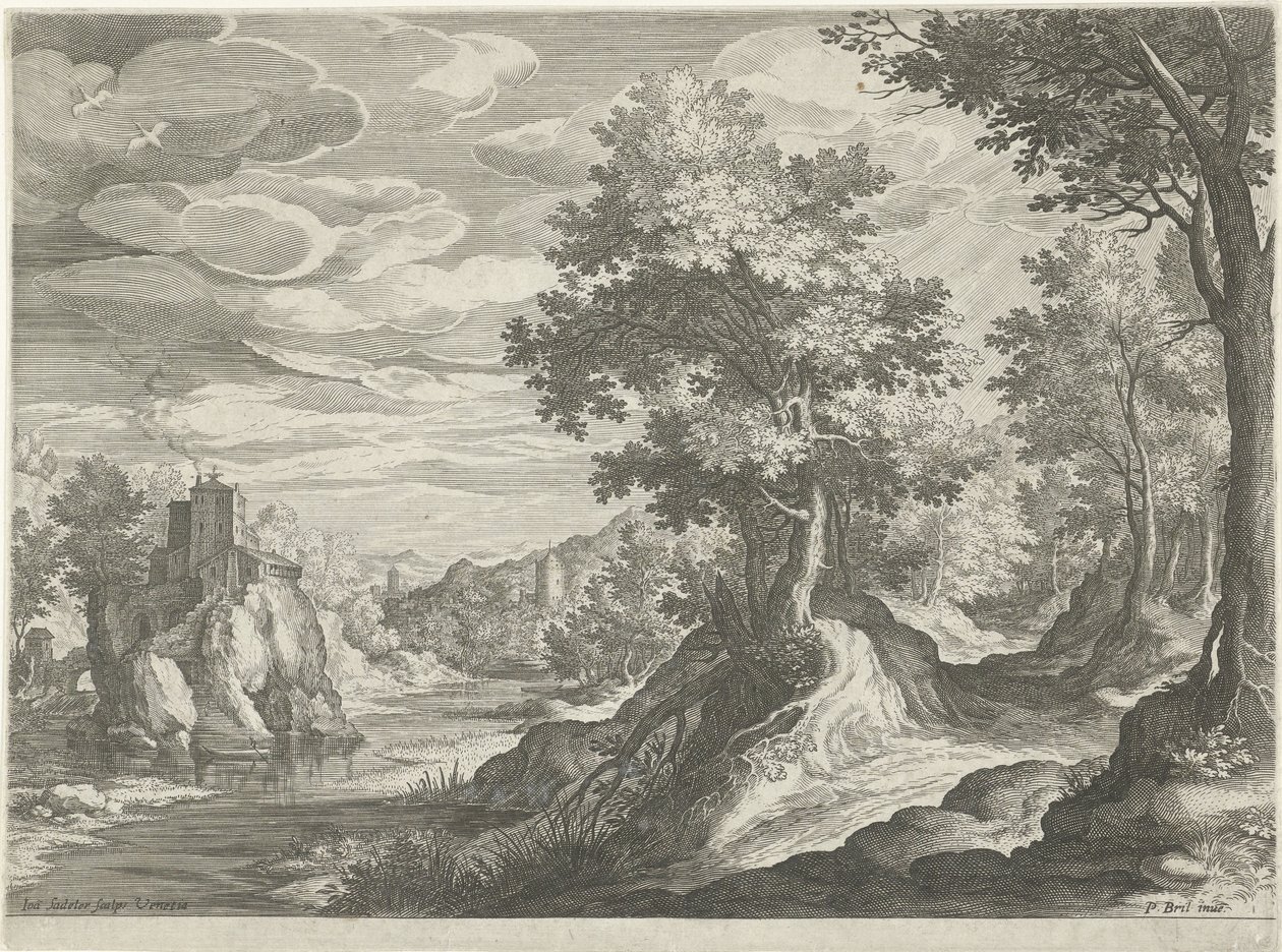 Rivierlandschap met een kasteel door Johann Sadeler (I)