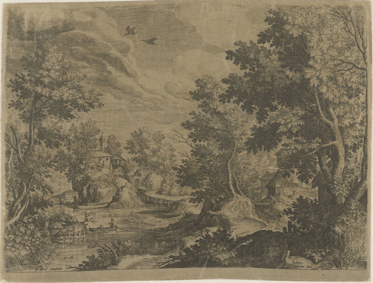 Rivierlandschap met een roeiboot door Johann Sadeler (I)