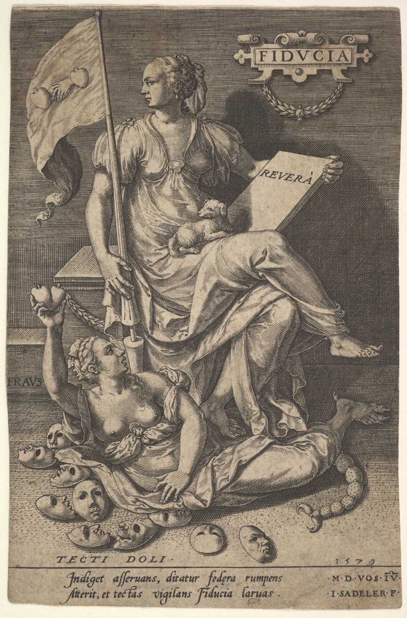 Fiducia, een zittende vrouw houdt een boek en een vaandel terwijl ze haar hoofd wegdraait van een kale tak, 1579 door Johann Sadeler I