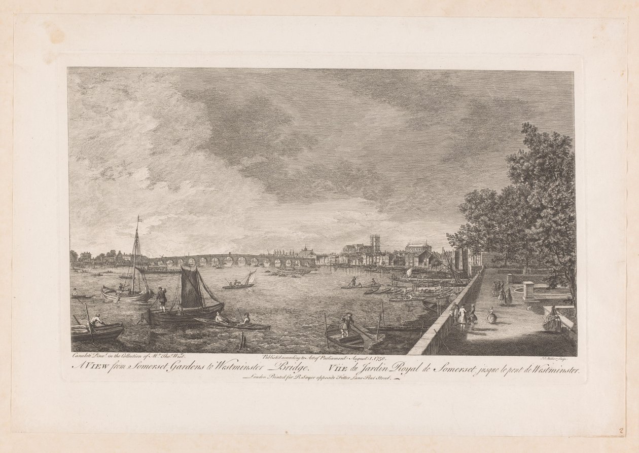 Gezicht van Somerset Gardens op de Westminster brug te Londen door Johann Sebastian Muller