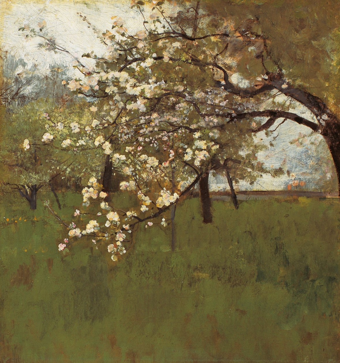 Bloeiende appelboom (olieverf op doek) door Johann Sperl
