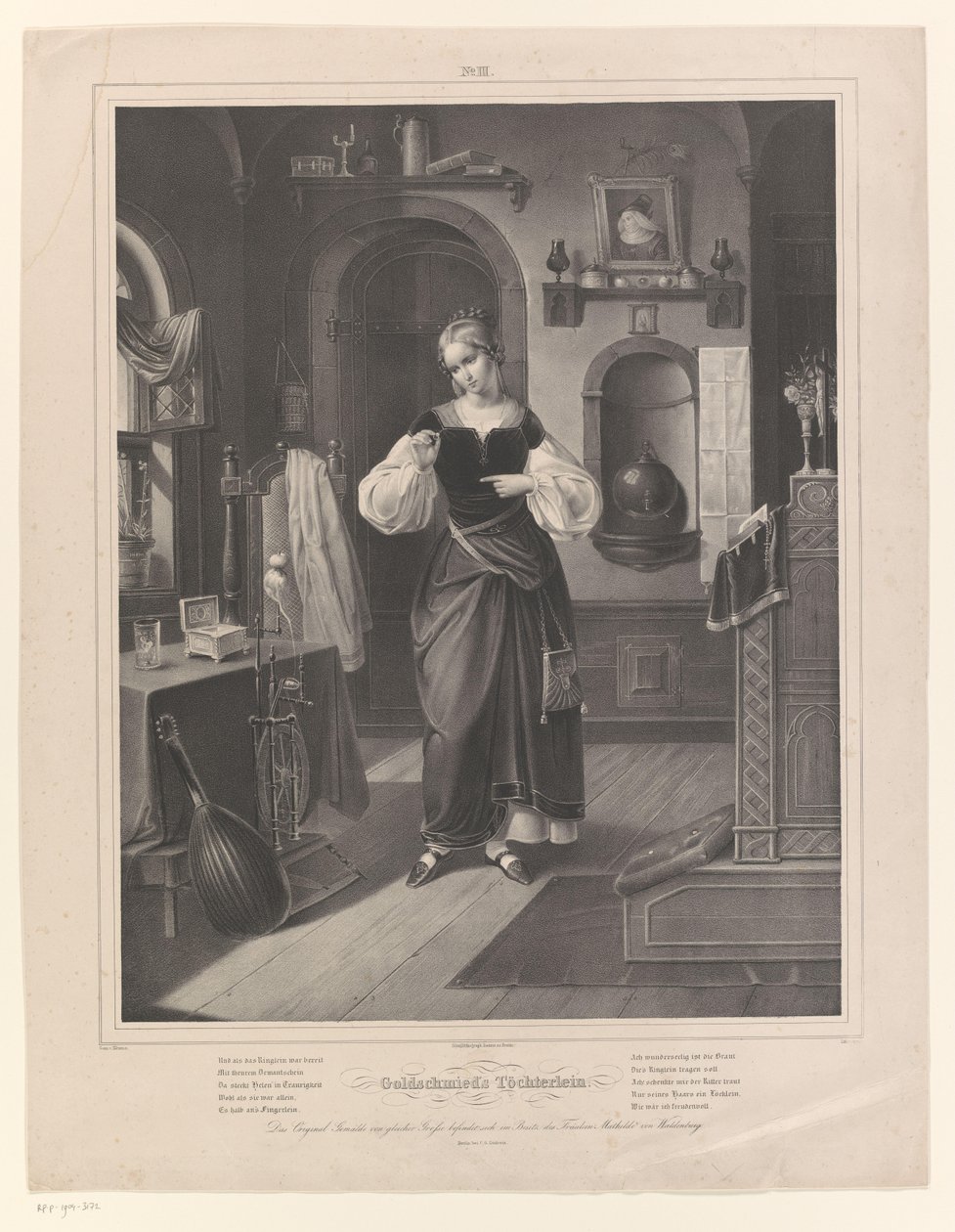 Interieur met vrouw met ring in haar hand door Johann Sprick