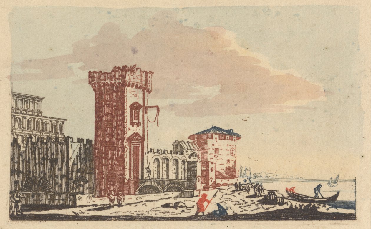 Kastelen, ruïnes en zeegezichten - Zes gekleurde gravures door Johann Teyler