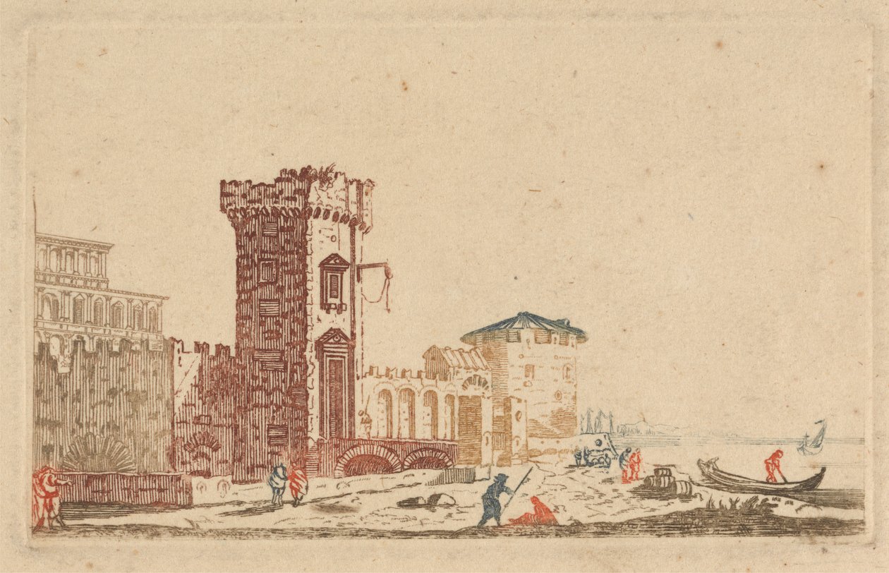 [Een van] Zes gekleurde gravures van kastelen, ruïnes en zeegezichten door Johann Teyler