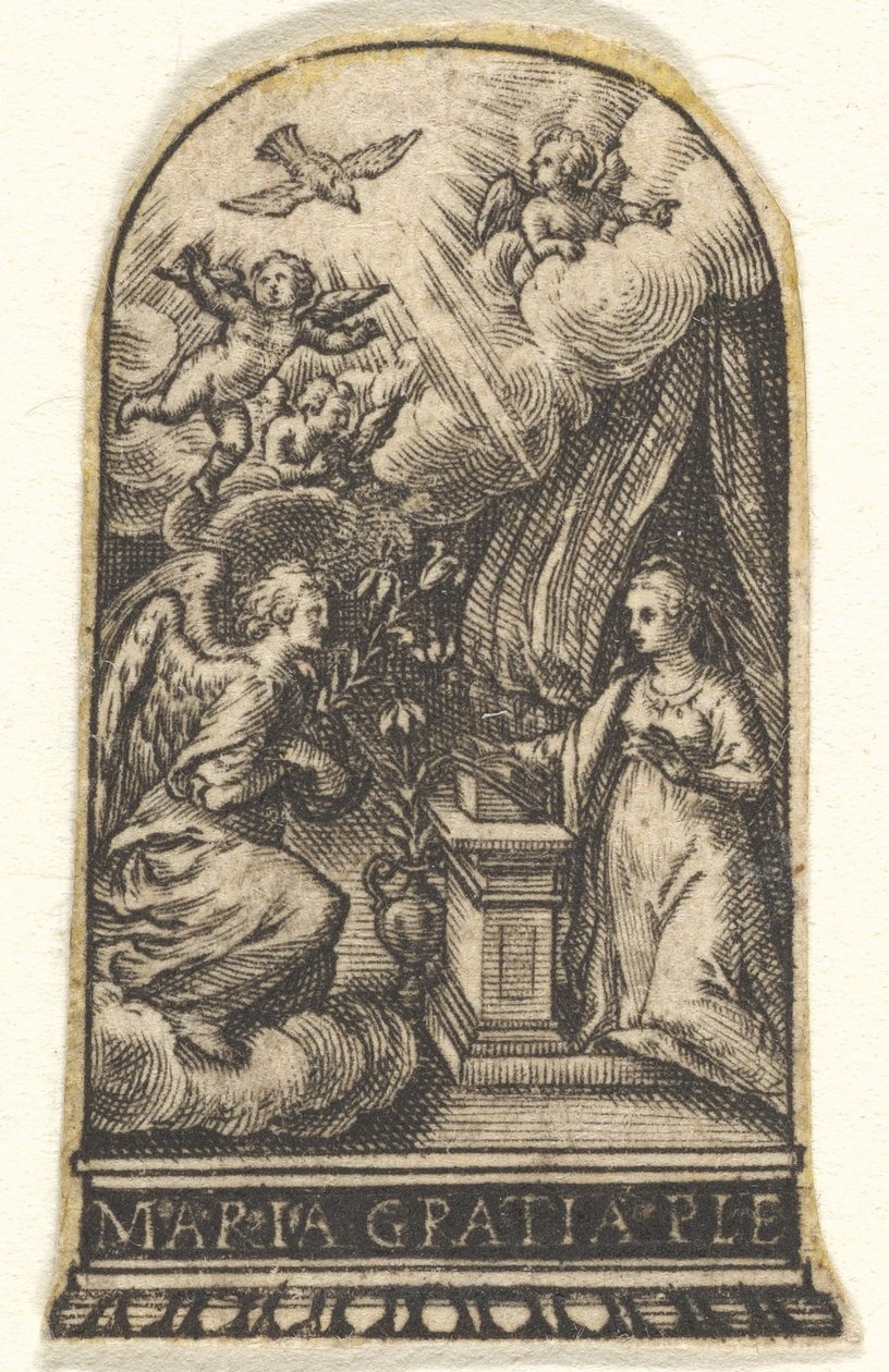 Aankondiging, Maria knielt bij een lessenaar terwijl Gabriel op een wolk nadert, ca. 1580-1600 door Johann Theodor de Bry