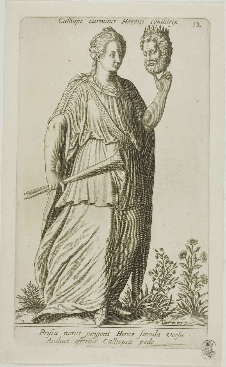 Calliope, Muze van Epische Poezie, plaat 12 uit Parnassus Biceps door Johann Theodor de Bry