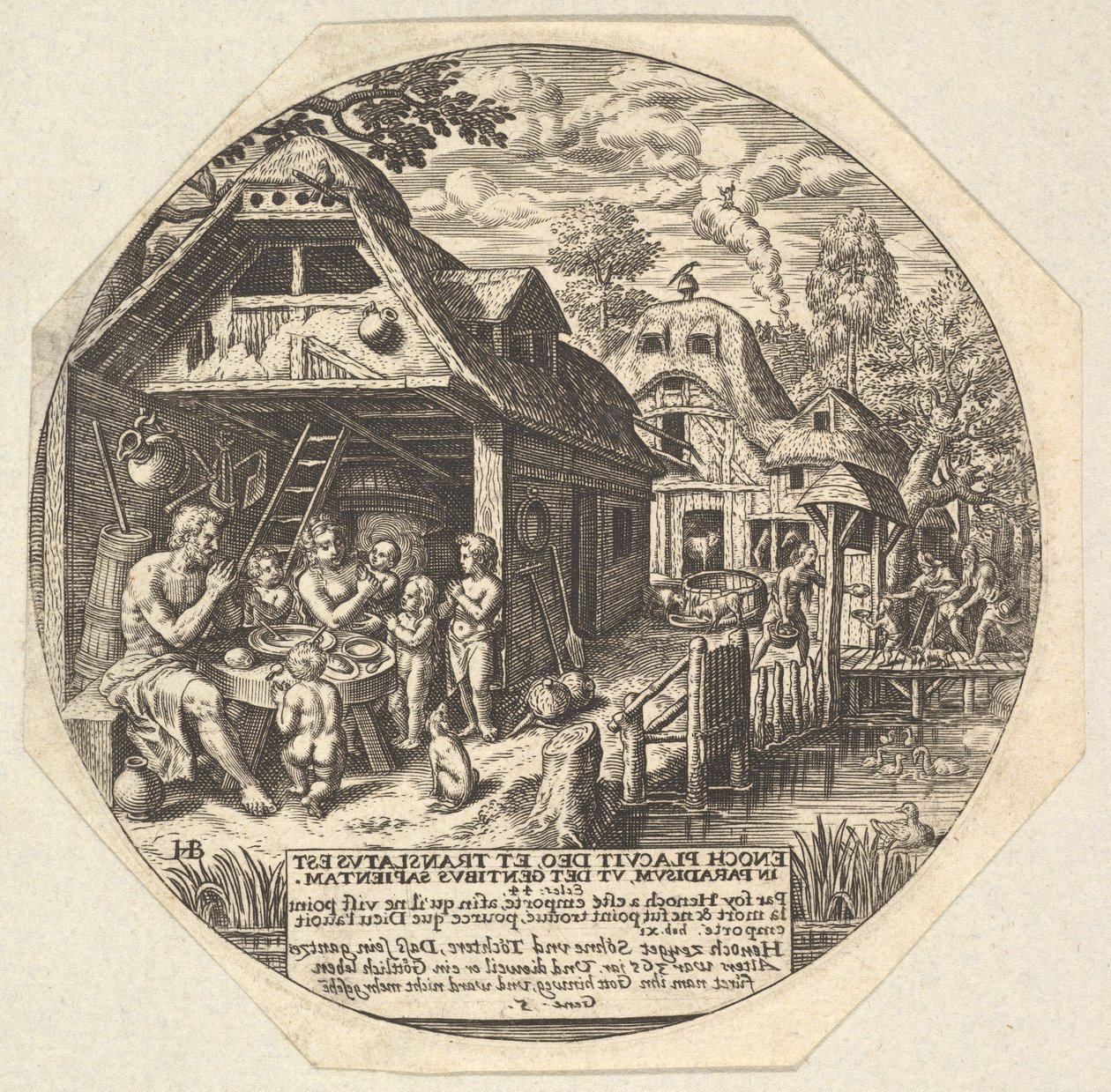 Henoch en zijn familie rond een eettafel en hun handen in een gebaar houdend door Johann Theodor de Bry