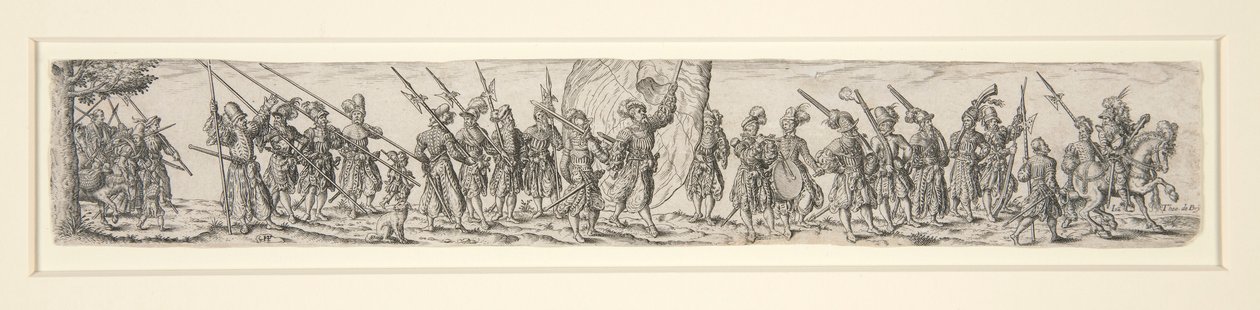Marcherende soldaten met een vaandeldrager door Johann Theodor de Bry