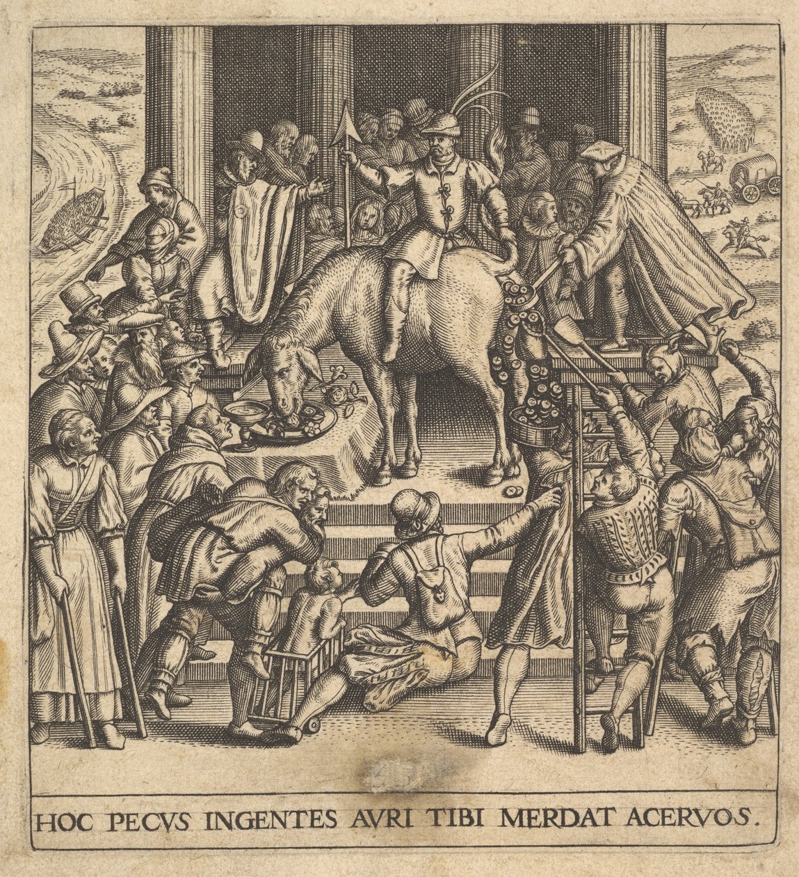Mannen verzamelen mest die uit de achterhand van een muilezel valt, met een ruiter die zit door Johann Theodor de Bry