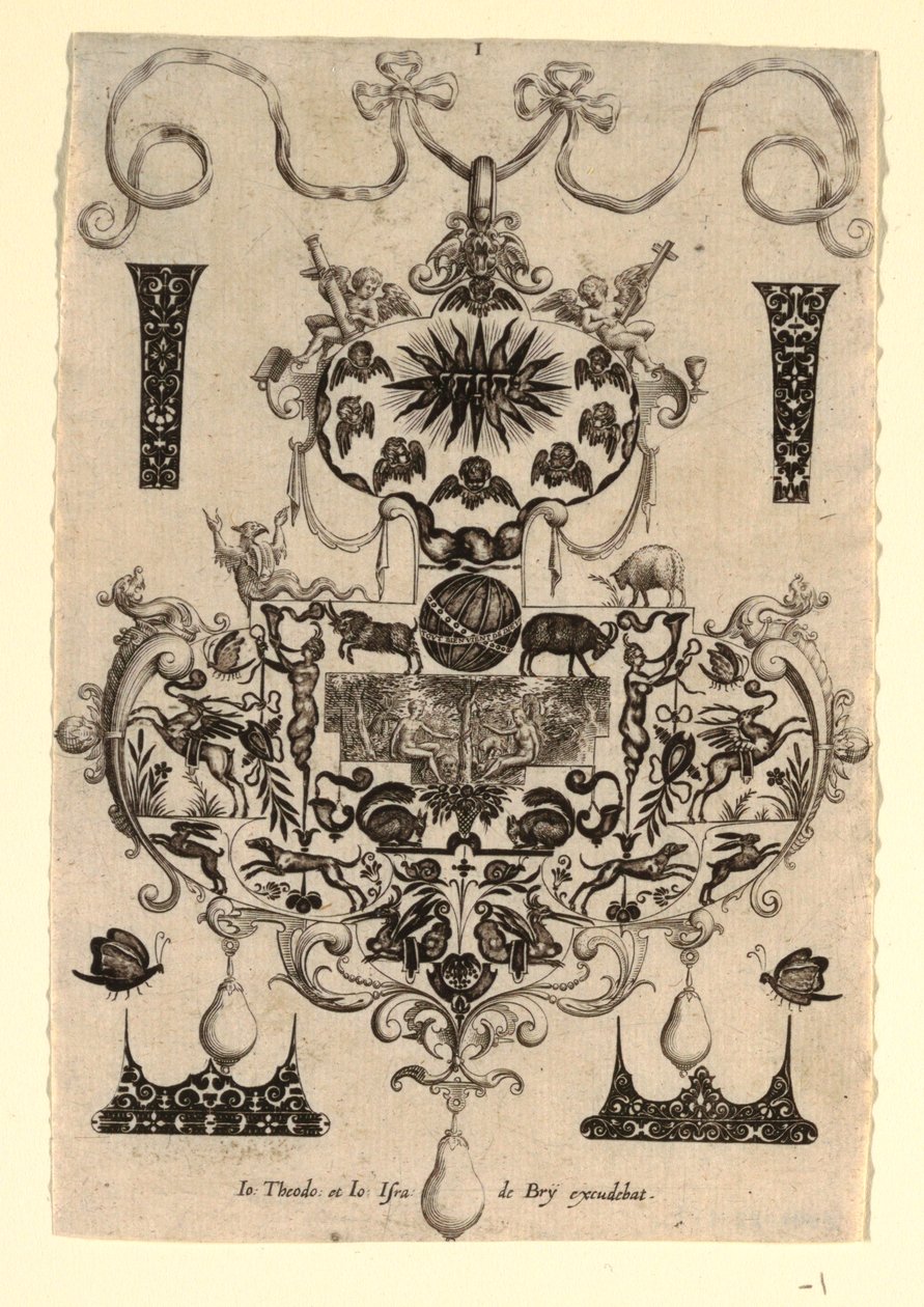 Hangerontwerp met de Verleiding, Plaat 1, uit een serie van acht hangerontwerpen met de kardinale deugden door Johann Theodor de Bry